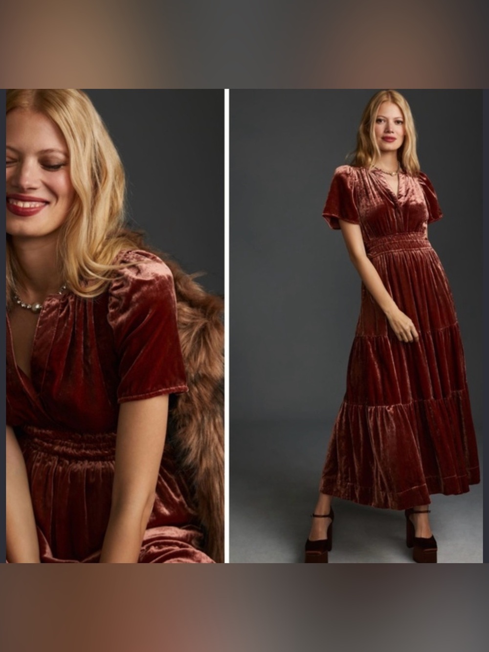 Anthropologie Velvet Tiered Maxi Dress - Deep Rust